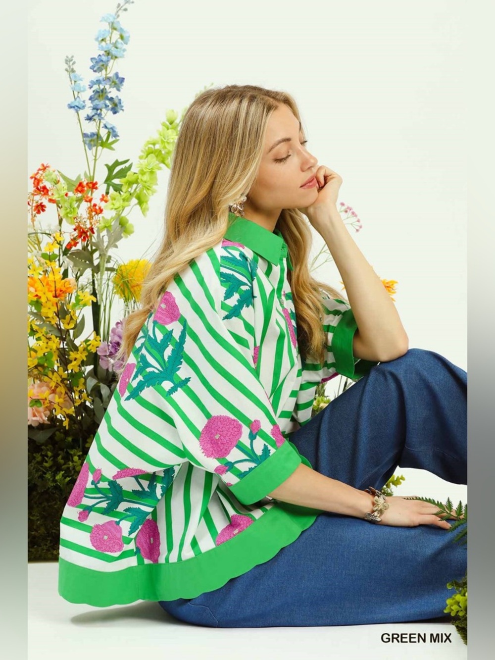 Umgee Mix Floral Stripe Button Down Top - Picture 4 of 8